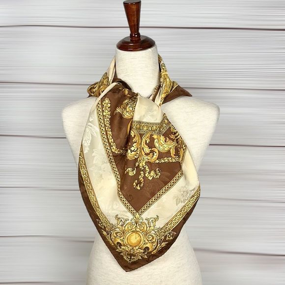 Silk Square Scarf Italy Brown Gold Cream Baroque - Picture 10 of 13